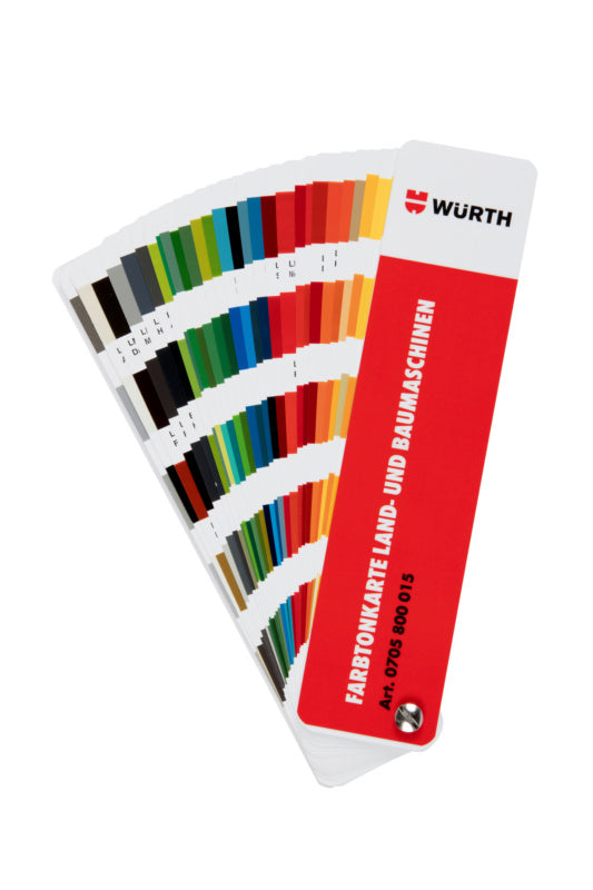 Farbtonkarte mit verschiedenen Farbtönen für Baumaschinen in robuster Verpackungseinheit.