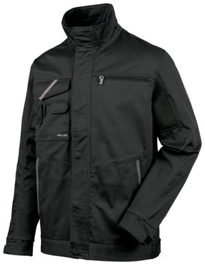 Anthrazitfarbene Stretchjacke mit taillierter Silhouette und großen Taschen.