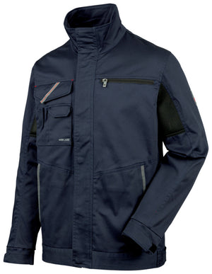 Dunkelblaue Stretchjacke mit elastischen Bündchen und praktischen Taschen für optimalen Tragekomfort.