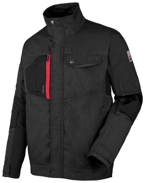 Schwarze Bundjacke aus nachhaltigem Material mit klassischem Schnitt und mehreren Taschen.