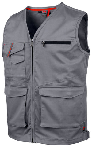 Graue Arbeitsweste aus stretchfähigem Material mit mehreren Taschen für Werkzeuge und persönliche Gegenstände.