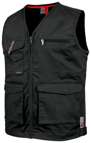 Anthrazitfarbene Arbeitsweste mit Stretch-Material und mehreren praktischen Taschen.