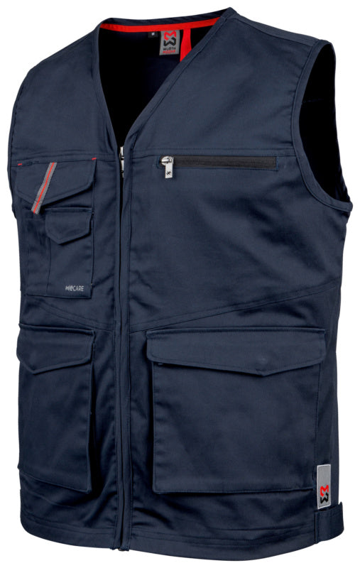 Dunkelblaue Arbeitsweste mit Stretch, mehreren Taschen und verstellbaren Trägern.