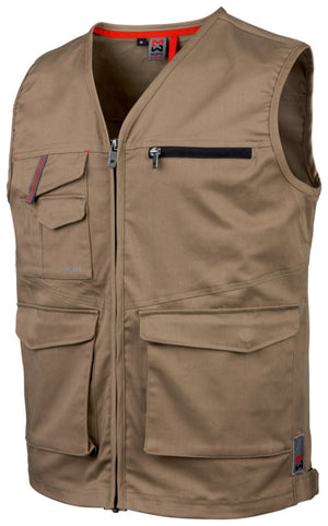 Beige Arbeitsweste aus stretchbarem Material mit mehreren Taschen und atmungsaktivem Innenfutter.