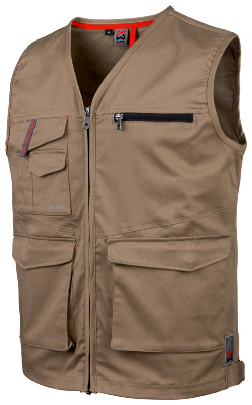 Beige Arbeitsweste aus stretchbarem Material mit mehreren Taschen und atmungsaktivem Innenfutter.