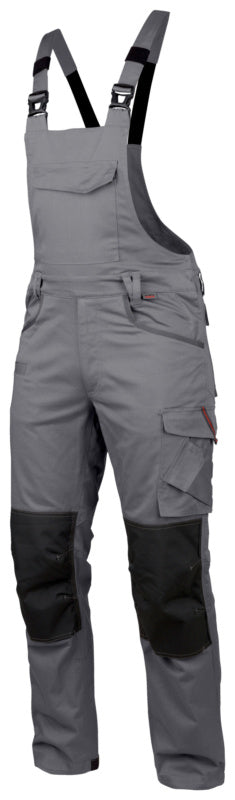 Graue Arbeitslatzhose mit Stretch, mehreren Taschen und verstärkten Kniebereichen.