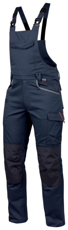 Dunkelblaue Arbeitslatzhose mit verstellbaren Trägern und praktischen Taschen für Werkzeuge.
