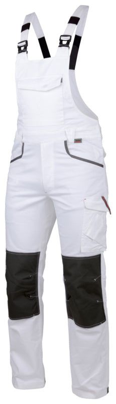 Weiße Arbeitslatzhose mit Stretchmaterial, praktischen Taschen und elastischem Bund.