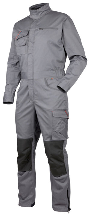 Grauer Arbeitsoverall mit dehnbarem Material, Taschen und verstellbaren Bündchen für Komfort.