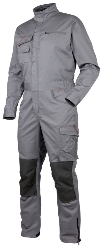 Grauer Arbeitsoverall mit dehnbarem Material, Taschen und verstellbaren Bündchen für Komfort.