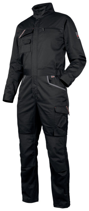 Anthrazitfarbener Arbeitsoverall mit elastischem Material und praktischen Taschen für Werkzeuge.