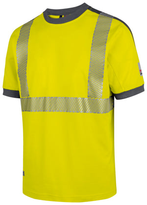 Warnschutzshirt T-Shirt in Neon Gelb mit grauen Akzenten und kurzem Ärmel für hohe Sichtbarkeit