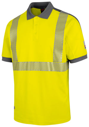 Warnschutz-Poloshirt in Neon Gelb mit grauen Akzenten und reflektierenden Streifen für hohe Sichtbarkeit.