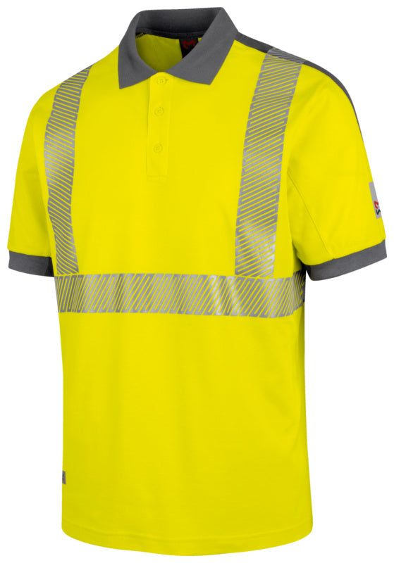Warnschutz-Poloshirt in Neon Gelb mit grauen Akzenten und reflektierenden Streifen für hohe Sichtbarkeit.