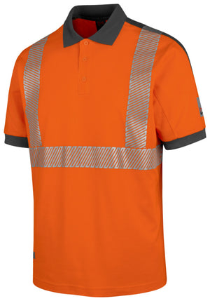 Warnschutz-Poloshirt in Neon Orange mit grauen Akzenten und kurzem Arm für hohe Sichtbarkeit.