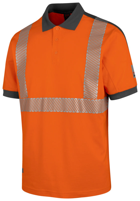 Warnschutz-Poloshirt in Neon Orange mit grauen Akzenten und kurzem Arm für hohe Sichtbarkeit.