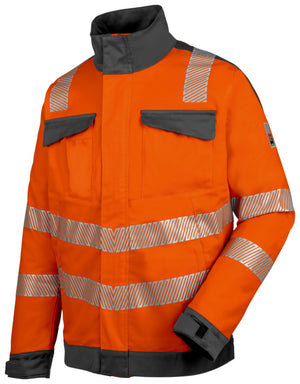 Neonorange und graue Bundjacke mit Kapuze, Reißverschluss und seitlichen Taschen.