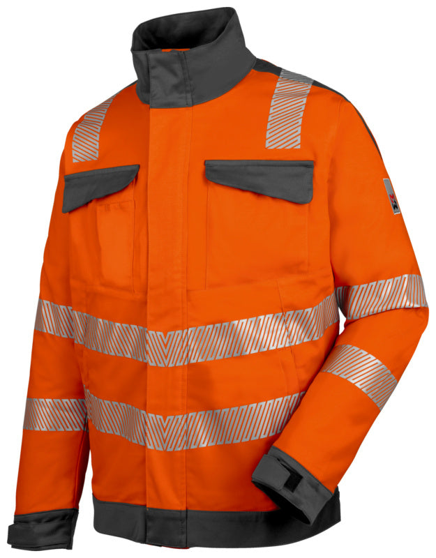 Neonorange und graue Bundjacke mit Kapuze, Reißverschluss und seitlichen Taschen.