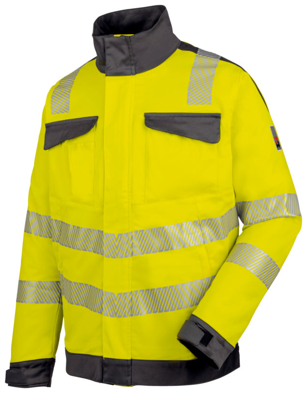 Neon gelbe und graue BUNDJACKE mit Taschen, Reißverschluss und elastischem Bund.