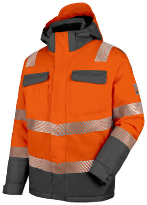 Warnschutzjacke in Neon Orange und Grau, wetterfest mit isolierender Füllung und praktischen Taschen.