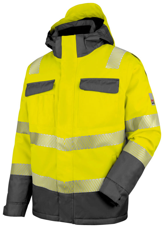 Warnschutzjacke Winterjacke in Neon Gelb und Grau mit Reißverschluss und Taschen.