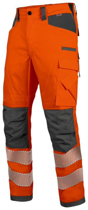 Neon orange und graue Warnschutzhose mit elastischem Bund und reflektierenden Streifen.