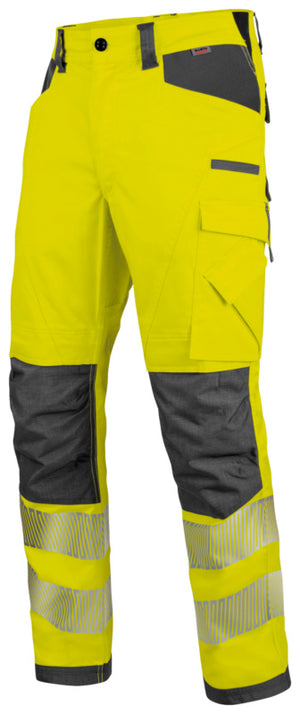 Warnschutzhose in Neon Gelb mit grauen reflektierenden Elementen und elastischem Bund.