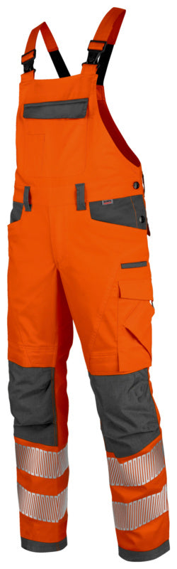 Warnschutz Arbeitslatzhose in Neon Orange und Grau mit mehreren Taschen und verstellbarem Tragegurt.