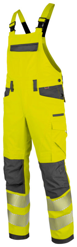 Neon gelbe und graue Warnschutz Arbeitslatzhose mit verstellbaren Trägern und großen Taschen.