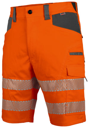 Neon orange und graue Warnschutzshorts im Bermuda-Stil mit praktischen Taschen.