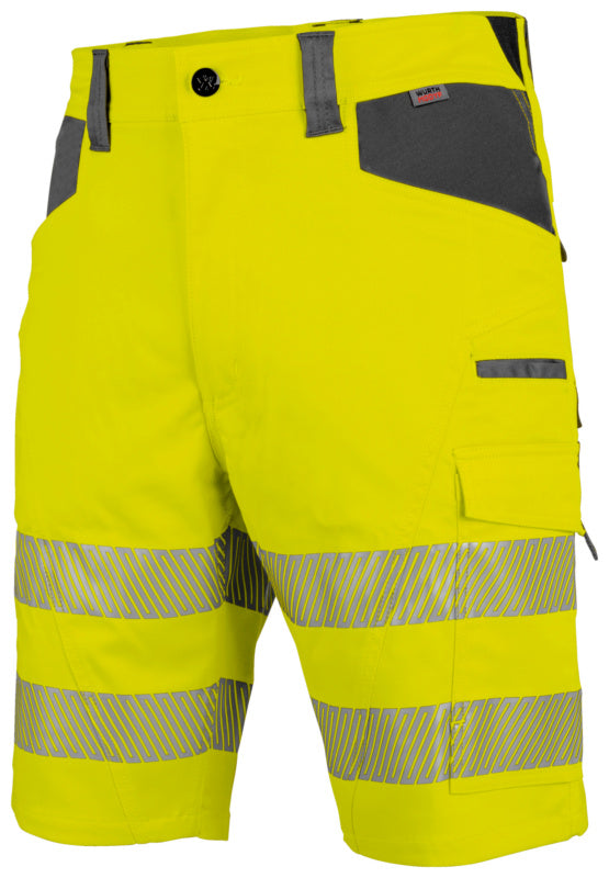 Neon gelbe und graue Warnschutzshorts mit reflektierenden Elementen und praktischen Taschen.