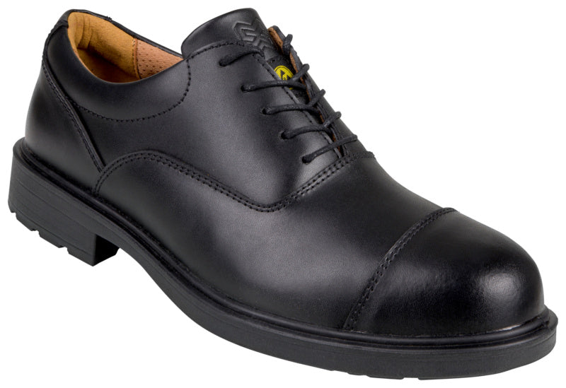 Schwarzer Sicherheitshalbschuh Aries S3 mit verstärkter Kappe und rutschfester Sohle.