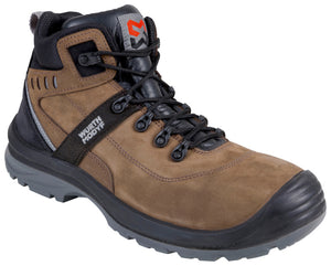 Braune Sicherheitsstiefel S3L mit verstärkten Zehenkappen und rutschfester Sohle in Größe 37.