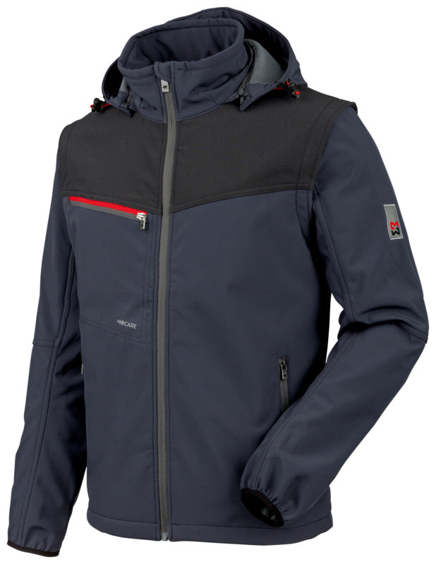 Dunkelblaue Arbeitsjacke aus Softshell mit Kapuze, Reißverschluss und praktischen Taschen.