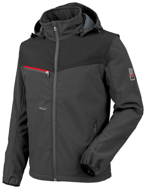 Anthrazitfarbene Softshell-Arbeitsjacke mit Stretch, reflektierenden Details und Taschen.