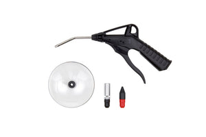 Vierteiliges Ausblaspistolen-Set mit verschiedenen Düsen und ergonomischem Griff für Druckluftreinigung.