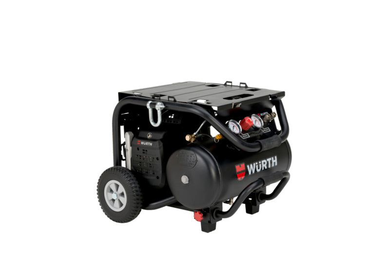 Elektro-Kompressor KOMPR mit robustem Gehäuse, Rädern und ergonomischem Griff für Druckluftanwendungen.