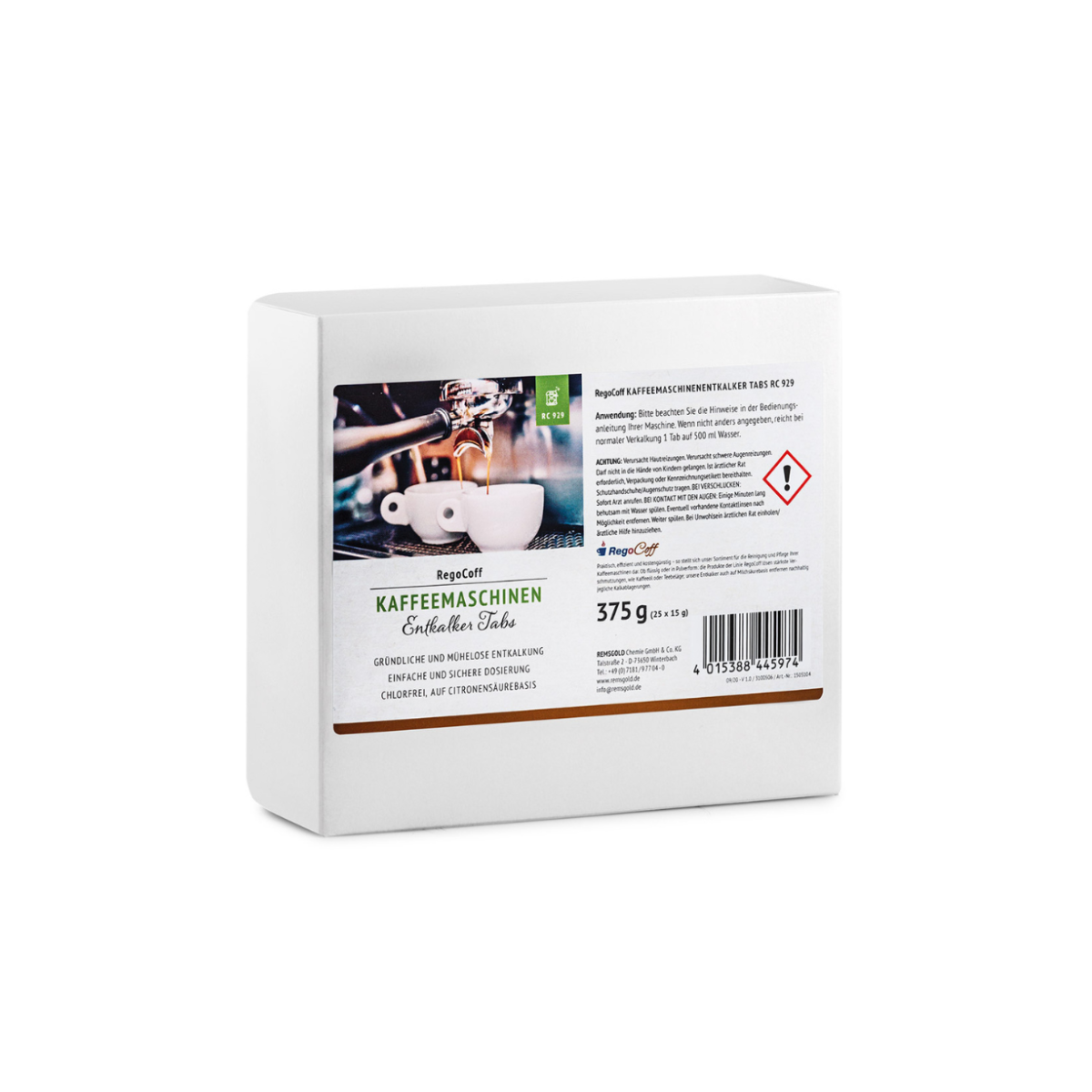 RegoCoff Kaffeemaschinenentkalker Tabs in einer 375g Schachtel zur Entkalkung von Kaffeemaschinen.