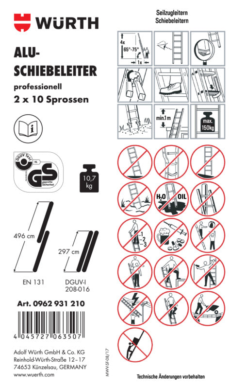 Zubehör Leitern-ETIK-(F.SHIEBLEI-0962931210)-PVC     Verpackungsinhalt    1 Einheit