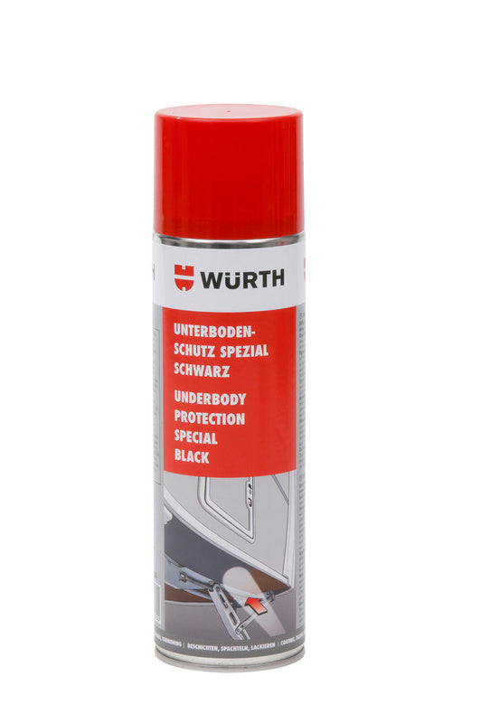 Schwarzer Unterbodenschutz in 500ml Flasche mit Sprühdüse für vielseitigen Schutz.