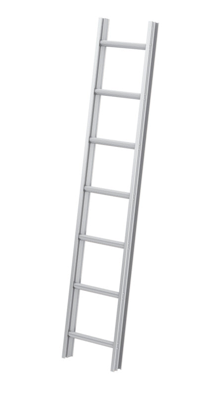 Aluminium-Dachmontageleiter mit 7 Spreizstufen und rutschfestem Standfuß, 197 cm hoch.