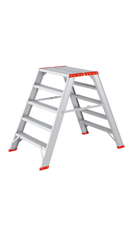 Aluminium-Stehleiter mit 2x5 rutschfesten Stufen und klappbarem Design für sicheren Stand.