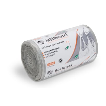 Graue Müllbeutel aus LDPE, 60L, 600x720mm, mit Blauer Engel Zeichen.