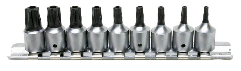 Set of 9 screwdriver bits with a 5-point star design, sizes 10 to 50.