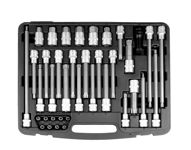 Schraubendreher-Einsatz-Sortiment mit 38 Teilen für 1/4 und 1/2 Zoll Größen.
