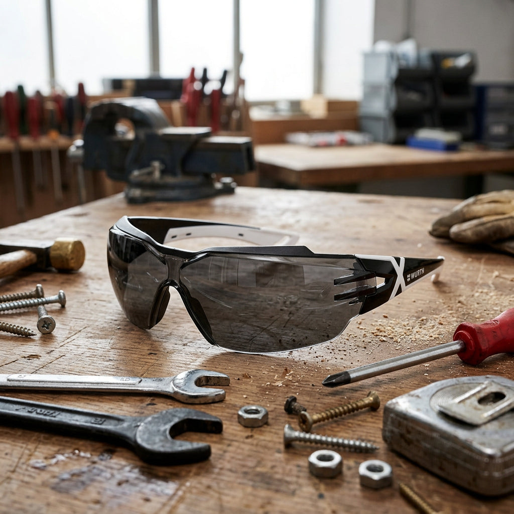 Schutzbrille in Grau mit bruchsicheren Polycarbonat-Gläsern und verstellbaren Nasenpolstern.