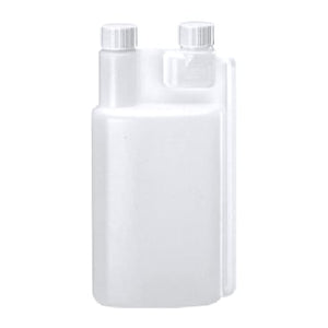 Klare 1-Liter-Dosierflasche mit zwei Hälse zum gleichzeitigen Dosieren von Flüssigkeiten.