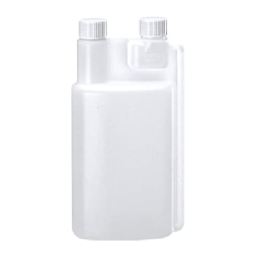 Klare 1-Liter-Dosierflasche mit zwei Hälse zum gleichzeitigen Dosieren von Flüssigkeiten.