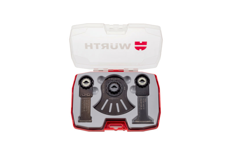 Multischneider Zubehör-Set mit verschiedenen Schneideaufsätzen und ergonomischem Griff in kompakter Bauweise.