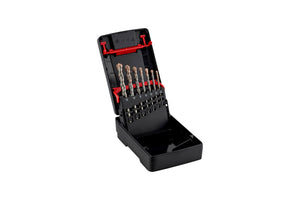Set of versatile drill bits in a transparent storage box, suitable for various materials.